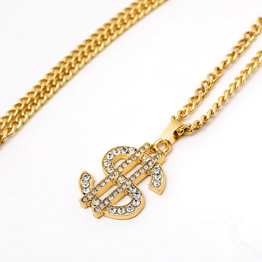 Unisex 18K Gold Diamond Small Dollar Sign Necklace