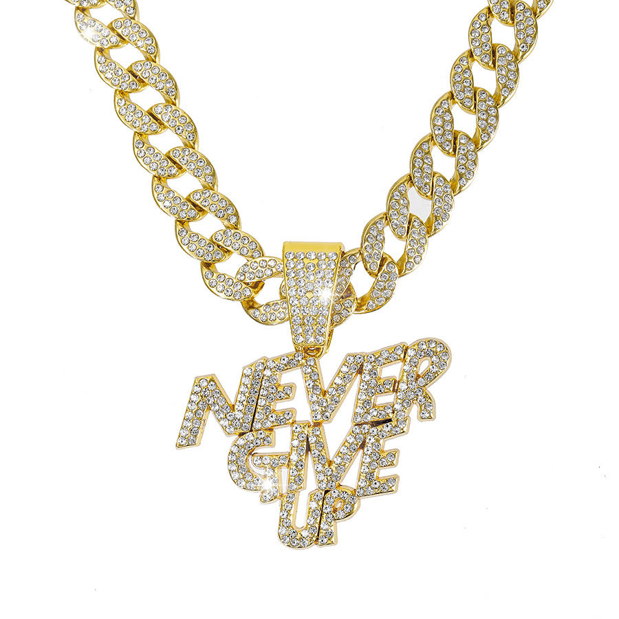 Alloy Letter NEVE RGIVE UP Pendant Full Diamond Necklace