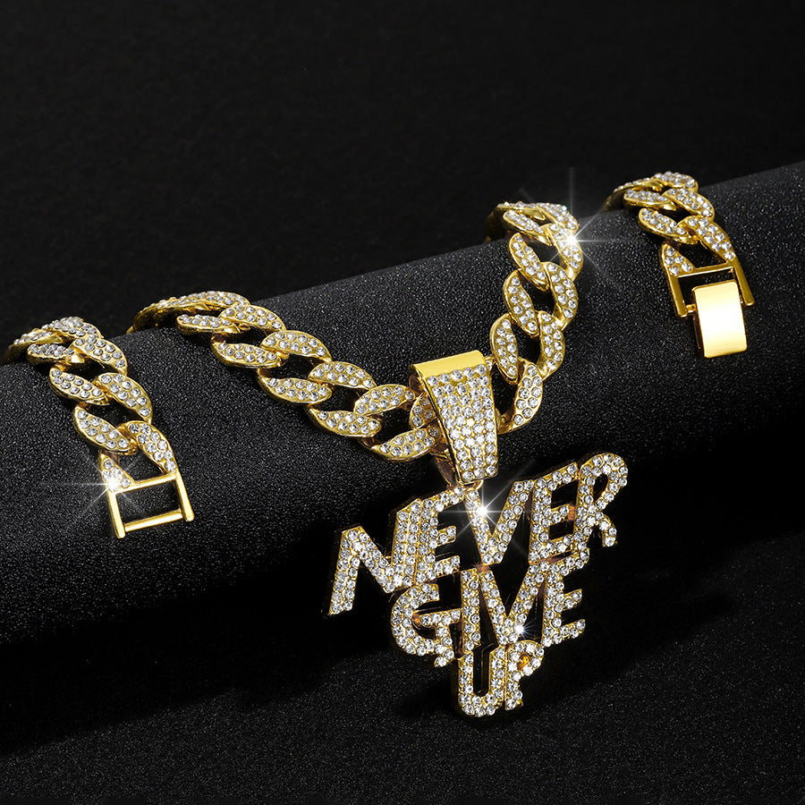 Alloy Letter NEVE RGIVE UP Pendant Full Diamond Necklace